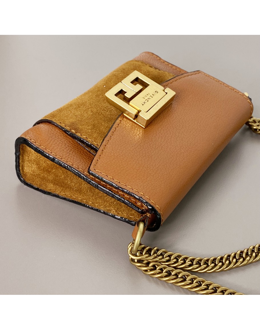 GIVENCHY GV3 Nano Bag with Chain in Brown Calfskin Aged Gold